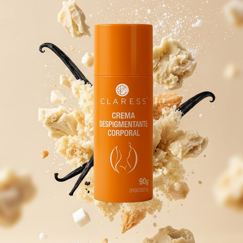 Orange bottle of Claress cream surrounded by vanilla beans and flowers on a beige background